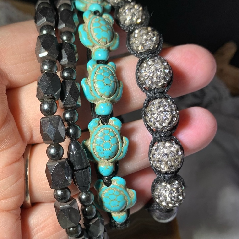 3 Bracelets Turquoise Turtle and Black Rhinestones and Hematite Gemstones